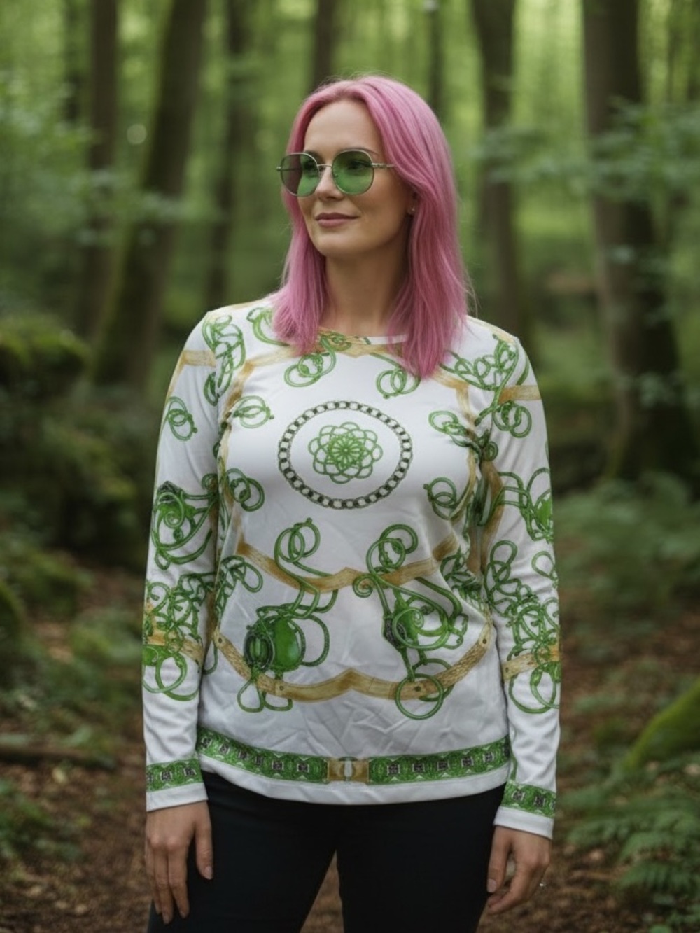 White Long-Sleeve Printed Top with Green Chain Motif